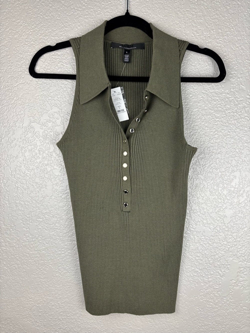 White House Black Market Olive Large Ribbed Henley Sweater Tank Top Sleeveless - Picture 2 of 12